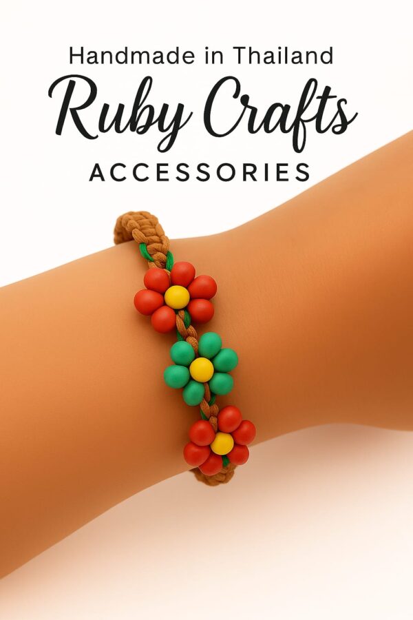 Ruby Crafts Brown Braided Bracelet with Red and Green Flowers